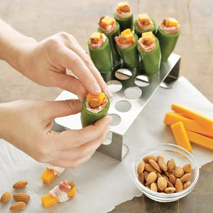 PUXING Jalapeno Grill Rack with Corer Tool Jalapeno Popper Holder 18 Holes Stainless Steel Drumstick Chicken Wings Roaster Popper Griller& Cooker for BBQ Smoker and Oven (Color:Silver)