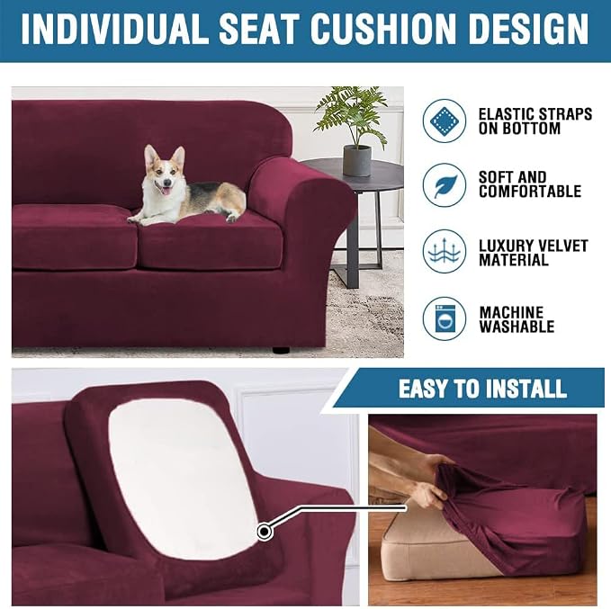 H.VERSAILTEX Modern Velvet Plush 4 Piece High Stretch Sofa Slipcover Sofa Cover Furniture Protector Form Fit Luxury Thick Velvet Sofa Cover for 3 Cushion Couch Width Up to 90 Inch(Sofa,Burgundy)