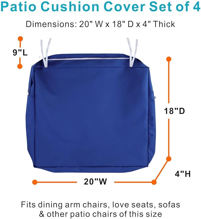 NettyPro Patio Chair Seat Cushion Covers Set 4, Waterproof Outdoor Furniture Cushion Slipcovers with Zipper and Tie, 20 x 18 x 4 Inch, Replacement Cover Only, Navy