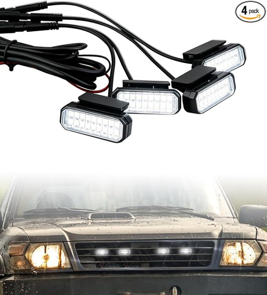 4Pcs LED White Front Grille Light | Fit for Most Truck and Pickup, with Wiring Harness and Fuse Adaptor, Buckle Grille Lights