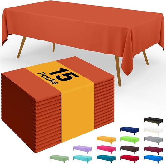 Smiry Disposable Table Cloth - 15 Pack, 54 x 108 Inch Waterproof Rectangle Tablecloths for Parties, Decorative Plastic Table Cover, Leakproof & Sturdy, Burnt Orange
