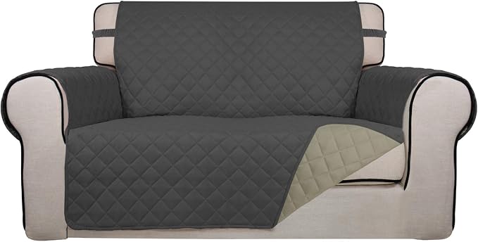 PureFit Reversible Quilted Couch Covers for Dogs Loveseat Sofa Cover 46.5” | Dark Gray/Beige, Water Resistant Couch Protector, Washable Pet Couch Cover with Non Slip and Elastic Straps For Kids