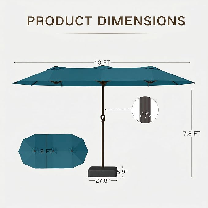 Kingdura 13ft Large Patio Umbrella with Base Included, Double-Sided Rectangle Outdoor Table Umbrella with 12 Reinforced Ribs, Crank Lift for Market Pool Deck Backyard, Lake blue