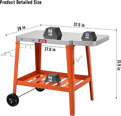 Feasto Movable Outdoor Grill Table Cart, Pizza Oven Stand with Wheels, Stainless Steel Countertop with Foldable Extension Table, Versatile Food Prep Grill Cart for Outdoor BBQ Cooking
