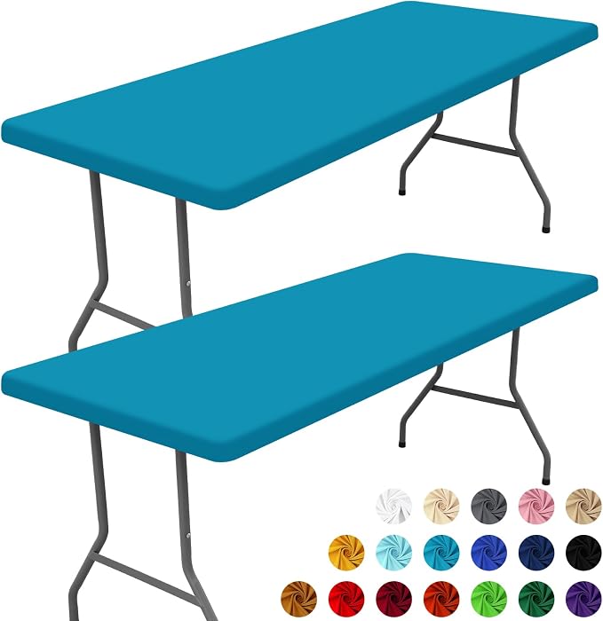 Moosfor 2 Pack Rectangle Spandex Fitted Table Cloth, 4FT Elastic Tablecloth | Washable Picnic Table Cover, Stretch Waterproof Table cloths for Party, Patio, Dining, Kitchen, 30" x 48", Teal