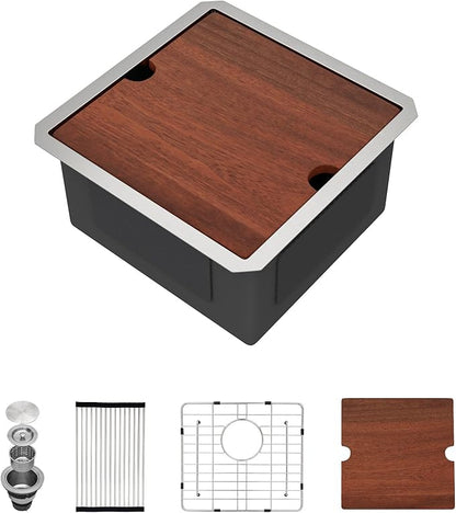 17x17 Inch Undermount Wet Bar Sink Square Workstation Kitchen Sink, Single Bowl 16 Gauge Stainless Steel for RV, Camper Van, Outdoor Kitchen, Basement Bar, or Small Home Kitchen