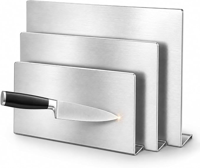 3-Piece Stainless Steel Cutting Board Set, L-Shape Lip for Dough & Meat | 3 stainless steel boards with L-shaped lip, brushed surface, 3 sizes for meat, veggies, dough & dishwasher cleanup.