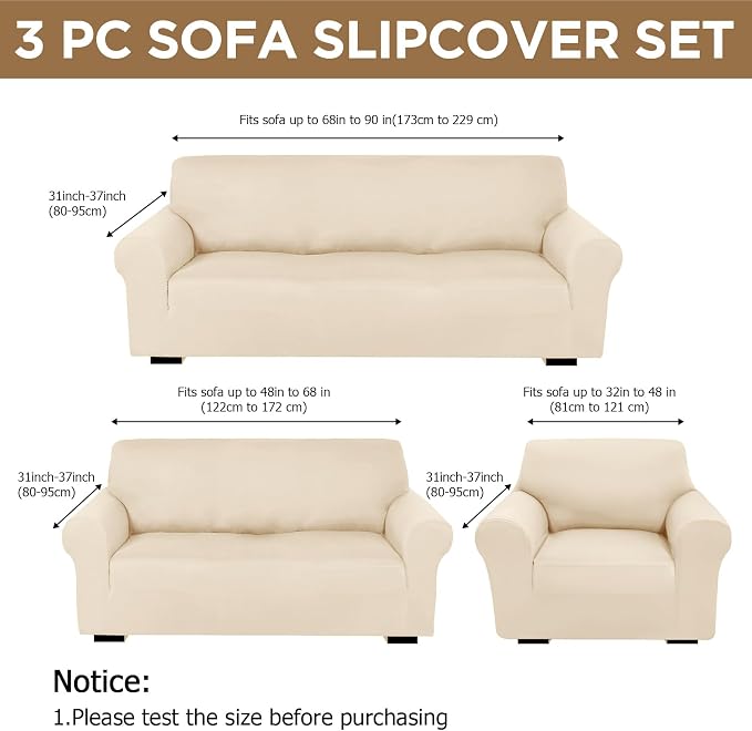 Peryiter 3 Pcs Couch and Loveseat Sofa Covers,Cream,Milk Silk | Armchair Covers for Living Room, Sofa Cushion Slipcover, Furniture Protector, Polyester and Spandex, Washable