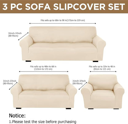 Peryiter 3 Pcs Couch and Loveseat Sofa Covers,Cream,Milk Silk | Armchair Covers for Living Room, Sofa Cushion Slipcover, Furniture Protector, Polyester and Spandex, Washable