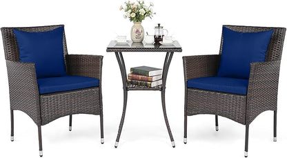 Tangkula 3 Pieces Patio Wicker Bistro Set, 2 Rattan Chairs w/ 2-Tier Tempered Glass Table, Outdoor Conversation Furniture Set with Cushions for Backyard, Porch, Poolside (Mix Brown+Navy)