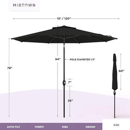Midtown Umbrellas – The Lean 10 Ft Patio Umbrella with 10-Year-No-Fade Acrylast Acrylic Fabric, Auto-Tilt and 8 Reinforced Ribs for Deck, Pool, Garden, Hotel & Cafes – Eclipse Canopy, Black Pole