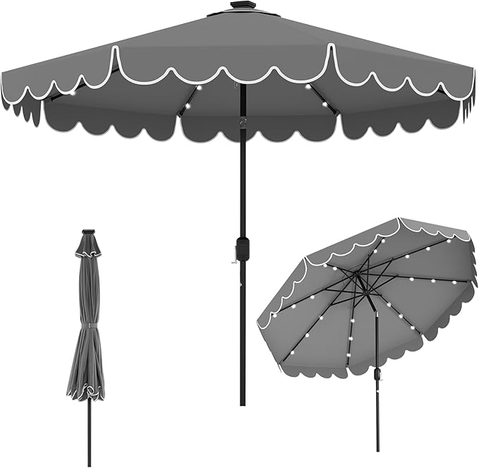 Tangkula 10FT Solar LED Patio Umbrella, 2-Tiers Scalloped Outdoor Table Market Umbrella with 24 LED Lights, Vented Top, Tilt Adjustment, Crank, 8 Ribs for Backyard Poolside Deck Beach Lawn (Gray)
