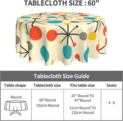 Mid Century Fifties Modern Atomic Retro Colors Tablecloth Washable Waterproof Round 60" Yellow Table Cloth for Parties Picnic Bbqs Kitchen Dining Room Decor Outdoor Indoor Table Covers