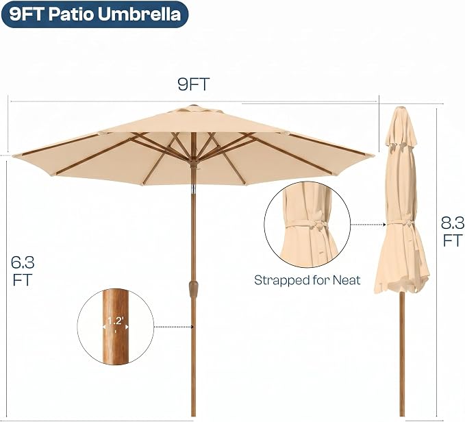 9ft Outdoor Patio Umbrella, Market Table Umbrella with Crank and Easy Push Button Tilt, Wood Grain Frame, UPF 50+ for Pool, Garden, Deck, Backyard