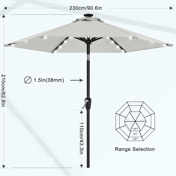 MASTERCANOPY 7.5FT 6Ribs Patio Umbrella with 32 Solar LED Lights, Outdoor Market Umbrella with Tilt & Crank, UV Protection & Fade Resistant Fabric, Easy Set-Up for Garden, Deck, Pool (Light Gray)