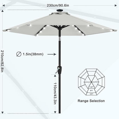 MASTERCANOPY 7.5FT 6Ribs Patio Umbrella with 32 Solar LED Lights, Outdoor Market Umbrella with Tilt & Crank, UV Protection & Fade Resistant Fabric, Easy Set-Up for Garden, Deck, Pool (Light Gray)
