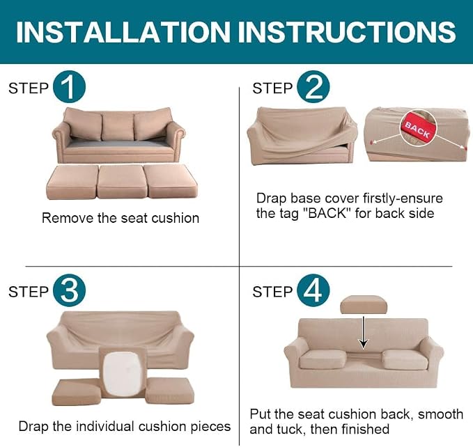 Turquoize 4 Piece Sofa Covers for 3 Cushion Couch Sofa Slipcover Soft Couch Cover for Dogs Washable Furniture Cover with 3 Individual Large Cushion Covers Feature Fabric (Large Sofa, Sand)