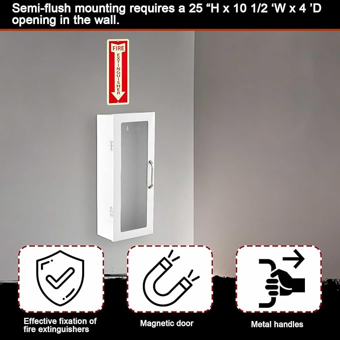 Zonon 10 lb Fire Extinguisher Cabinet with Reflective Sign, Wall & Surface Mount Fire Extinguisher Box Case Steel 24-3/4" H x 10-1/4" W x 6-3/4" D, with Handle, for 2.5/5/10 lb Dry Chemical(White)