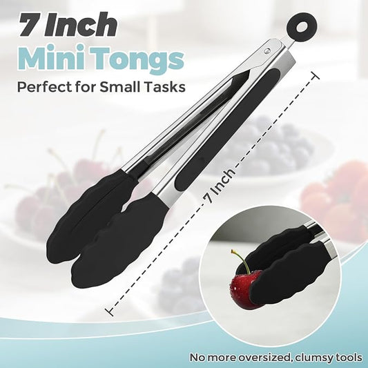 Small Cooking Tongs 7 inch Mini Serving Tongs with Silicone Tips, Set of 3 (Black + Grey + White)
