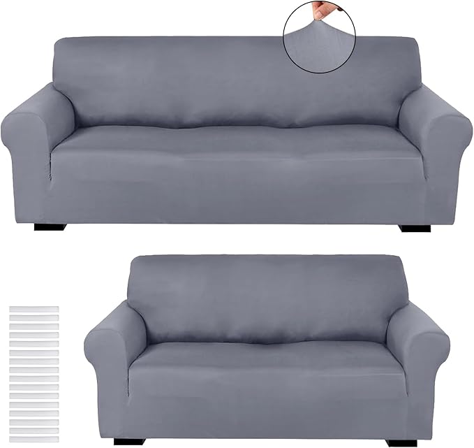 Peryiter 2 Pcs Couch and Loveseat Sofa Covers,Light Gray,Milk Silk | Armchair Covers for Living Room, Sofa Cushion Slipcover 2/3 Seater, Furniture Protector, Polyester and Spandex, Washable