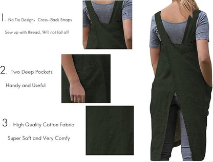 TBA Cotton Linen Apron Cross Back Apron for Women with Big Pockets Square Pinafore Dress for Baking Cooking BBQ & Grill