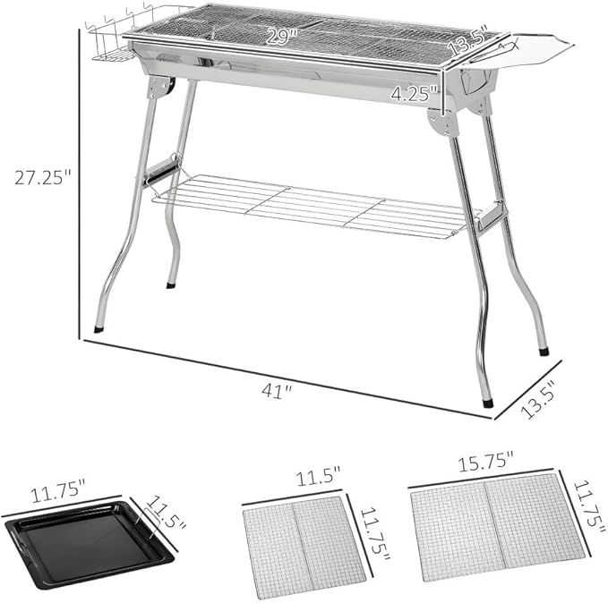 Portable Charcoal Barbecue Grill with Storage, Folding Small BBQ for Camping Tailgating Picnic, Includes Grill Grate and Non-Stick Pan, Stainless Steel Outdoor Cooker with Air Vents
