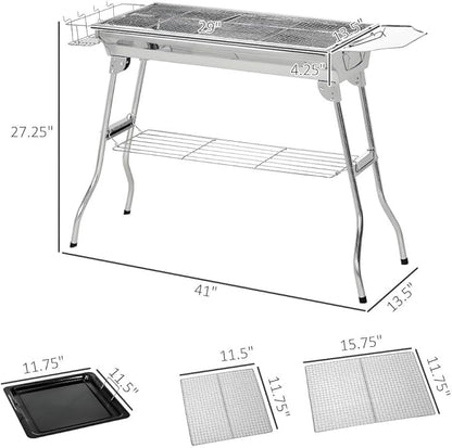 Portable Charcoal Barbecue Grill with Storage, Folding Small BBQ for Camping Tailgating Picnic, Includes Grill Grate and Non-Stick Pan, Stainless Steel Outdoor Cooker with Air Vents
