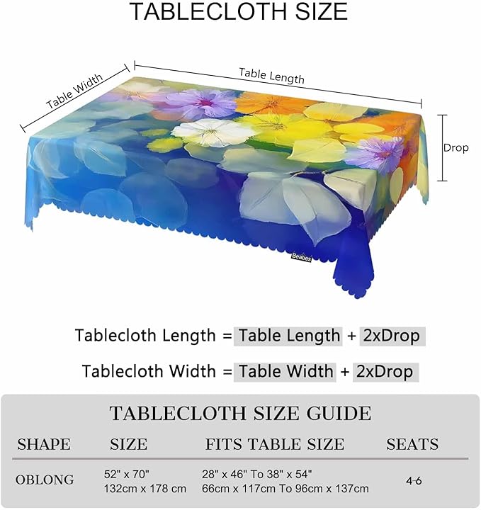 Tablecloth Abstract Floral 52 X 70 Inch, Watercolor Flowers Blur Blue Yellow Oblong Table Cloths Anti-Shrink Decorative Table Cover for Kitchen Dinning Tabletop Outdoor Picnic BBQ