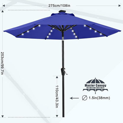 MASTERCANOPY 9FT 8Ribs Patio Umbrella with 32 Solar LED Lights, Outdoor Market Umbrella with Tilt & Crank, UV Protection & Fade Resistant Fabric, Easy Set-Up for Garden, Deck, Pool (Blue)
