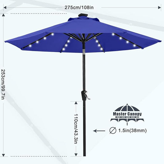 MASTERCANOPY 9FT 8Ribs Patio Umbrella with 32 Solar LED Lights, Outdoor Market Umbrella with Tilt & Crank, UV Protection & Fade Resistant Fabric, Easy Set-Up for Garden, Deck, Pool (Blue)
