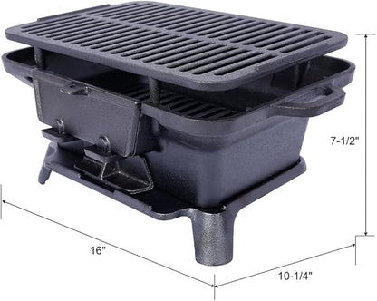 Grill Outdoor, Portable Charcoal Grill and Tabletop Cast Iron Skillet - 100% Cast Iron, Enameled, Durable for Camping, Tailgating, Picnics & Hunting (Oval)