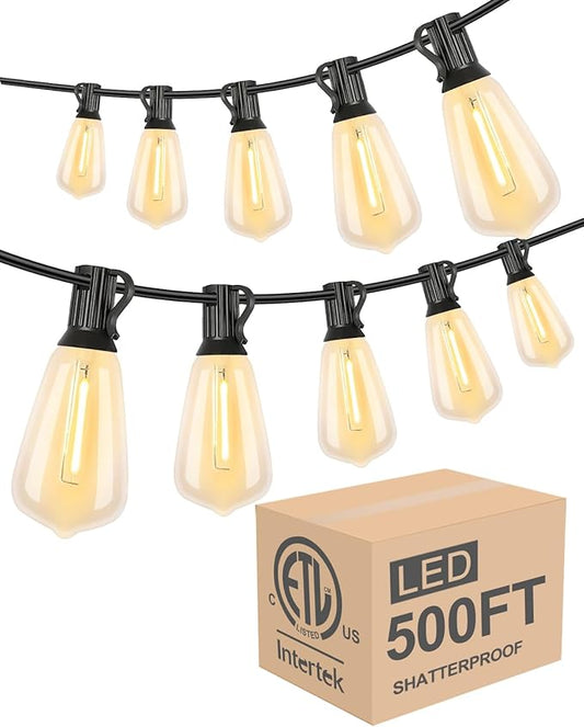 Lightdot LED Outdoor String Lights 500FT Patio Lights with 160 Shatterproof ST38 Vintage Edison Bulbs, Outside Hanging Light Waterproof for Porch, Deck, Garden, Backyard, Balcony, Dimmable- ETL Listed