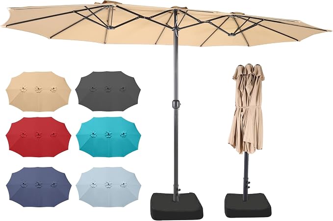 15ft Patio Umbrella with Base, 10-Year-No-Fade Large Outdoor Double-Sided Market Umbrella with UPF50+Terylene Polyester Fabric and Crank for Poolside Garden Deck Backyard Beach Pools