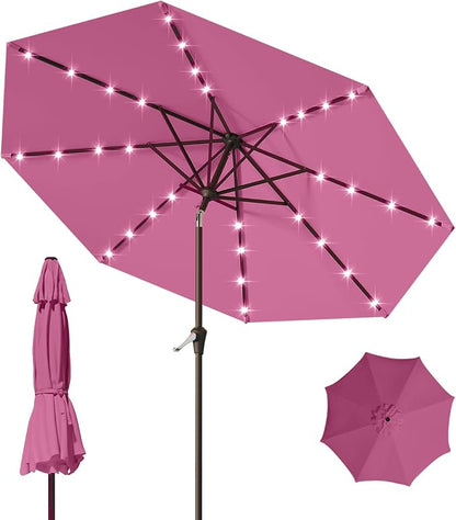 9FT Patio Umbrella with Solar Lights,Outdoor Market Umbrella with Tilt and Crank, LED Lighted Table Umbrella for Garden,Deck,Backyard,Pool,Beach (Rose Pink)