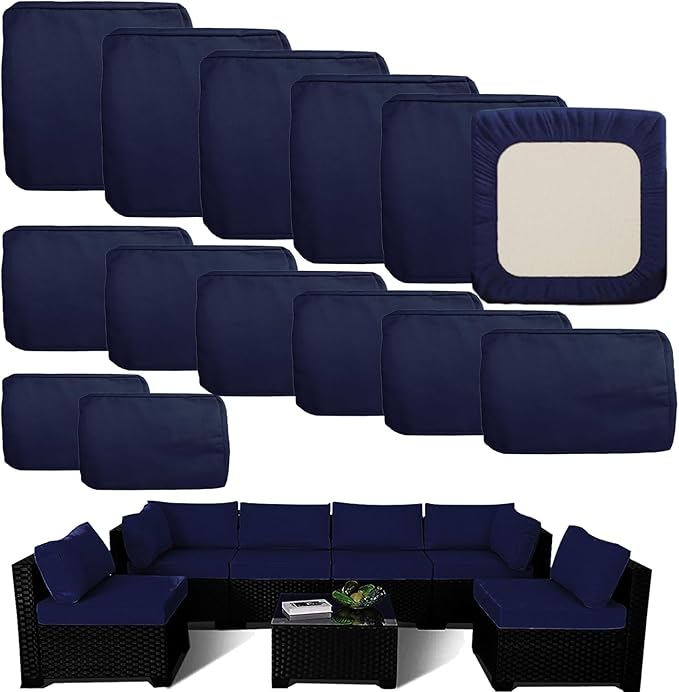 Outdoor Cushion Covers Replacement 14 Pcs, Blue | Patio Cushion Covers fit for 7Pieces 6-Seater Wicker Rattan Sectional Couch Sofa Outdoor Cushion Slipcovers Set