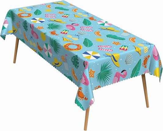 52x70 Inch Holiday Beach Rectangular Tablecloth Cartoon Tropical Flamingo Float Palm Leaf Crab Table Cloth Washable Durable Table Cover for Kids Room Dining Beach Party Patio Picnic Decor