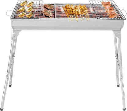 Portable Stainless Steel Charcoal Grill, Small BBQ Grill for Outdoor Cooking, Camping, Backyard and Picnic, Durable and Easy to Clean, Silver