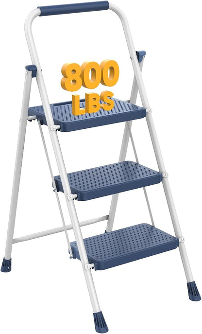 NEWBULIG 3 Step Ladder, Folding Step Stool for Adults with Safety Lock | Anti-Slip Design, Portable Foldable Ladder for Home Kitchen, Garage & Outdoor Use, Blue