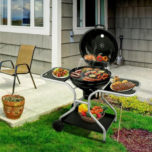 Kettle Charcoal Grill with 2 Side Tables & Storage Shelf, Outdoor BBQ Grill with Wheels, Thermometer & Ash Catcher for Patio, Tailgating, 48" Charcoal Kettle Grill,Portable BBQ Grill with Wheels