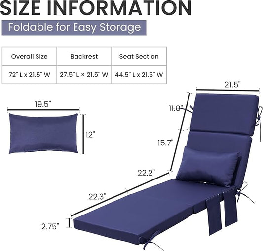 Crestlive Products Foldable Outdoor Chaise Lounge Cushions with Head Pillow and Side Pockets, Water Resistant & Fade Resistant Lounge Chair Cushion, 72''L x 21''W, Navy