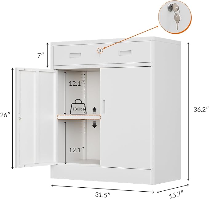 CJF Pantry Cabinet with 1 Drawer, Metal Pantry Storage Cabinets with Doors and 2 Adjustable Shelves, 36" H Locking Cabinet for Kitchen Storage, Home, Garage, Utility Room and Basement, White