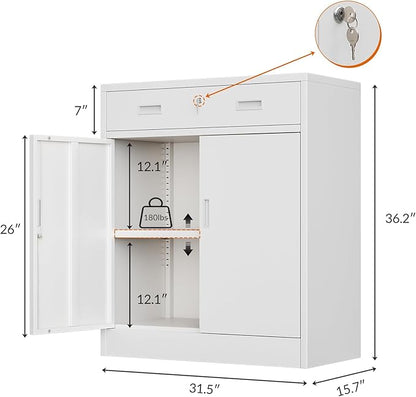 CJF Pantry Cabinet with 1 Drawer, Metal Pantry Storage Cabinets with Doors and 2 Adjustable Shelves, 36" H Locking Cabinet for Kitchen Storage, Home, Garage, Utility Room and Basement, White