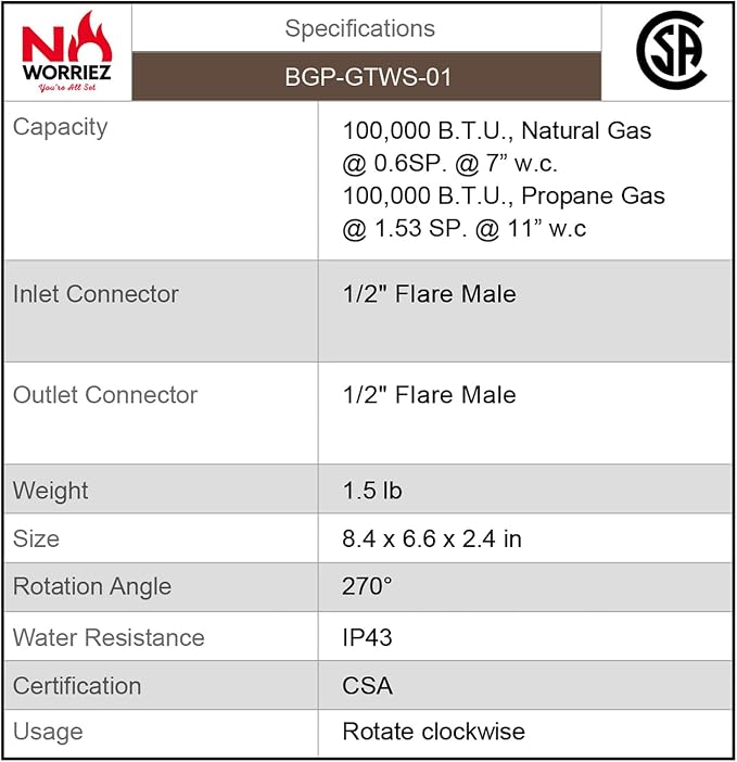 NO WORRIEZ Safety Auto Shut-Off Gas Timer for Propane & Natural Gas | Outdoor Grill, Fire Pit, Pizza Oven | – 100,000 BTU w/ 1/2" Flared Connector & Hose & Flare Male Adapter, Patent Pending | 100,000 BTU, Fits Outdoor Grill, Fire Pit, Pizza Oven, BBQ,...