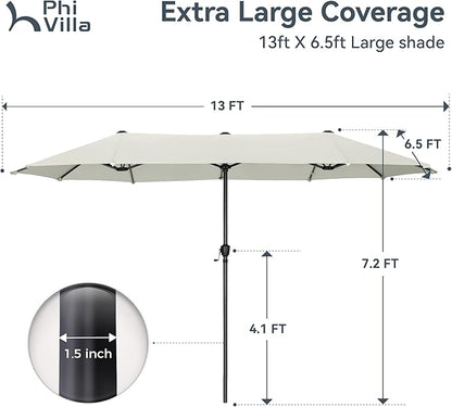 PHI VILLA 13ft Large Patio Umbrellas, Double-Sided Outdoor Market Rectangle Umbrella for Outside, Ivory