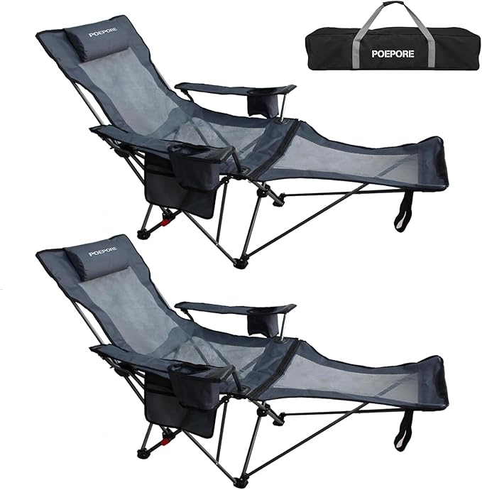 Reclining Camping Chair with Removable Footrest Lounge Chair with Headrest, Cotton Cushion, Portable Adjustable Folding Chairs