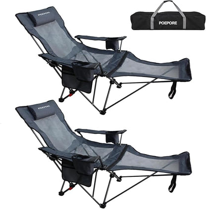 Reclining Camping Chair with Removable Footrest Lounge Chair with Headrest, Cotton Cushion, Portable Adjustable Folding Chairs