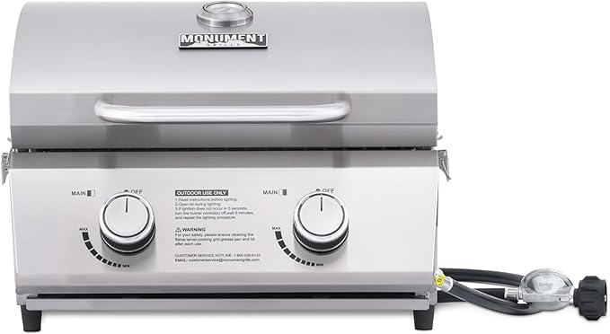 Monument Grills Tabletop Propane Gas Grill for Outdoor Portable Camping Cooking with Travel Locks, Stainless Steel High Lid, and Built in Thermometer