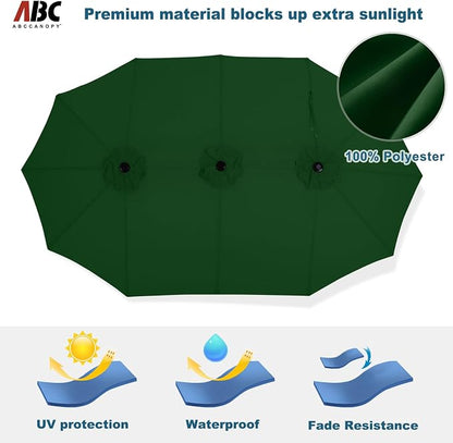 ABCCANOPY 15FT Double-Sided Rectangle Patio Umbrella with Base, Green | Rectangular Outdoor Table Umbrella with Crank, Heavy Duty Market Umbrella Shade for Garden,Poolside, Lawn, Backyard