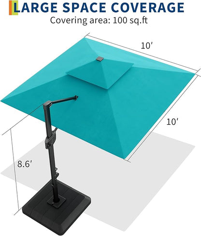 GarveeLife 10 ft x 10 ft Heavy Duty Cantilever Patio Umbrella with Solar LED Lights & Weighted Base, 2-Tier Square Aluminum Offset Umbrella with 360-Degree Rotation for Backyard, Deck, Pool, Turquoise