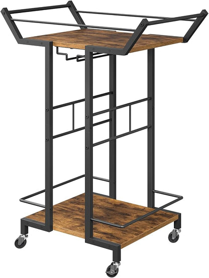 Bar Cart, 3-Tier Serving Cart with Wine Glass Rack, Drink Cart with Wheels, Rolling Beverage Cart, for Living Room, Party, Rustic Brown BC10BR